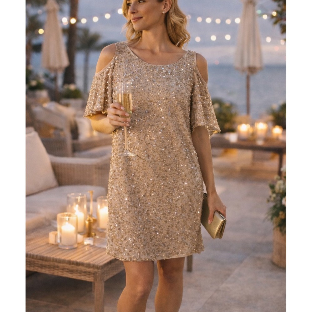 Aidan Mattox Womens Sequin Cold Shoulder Shift Silk Dress Sz 4 Evening Cocktail